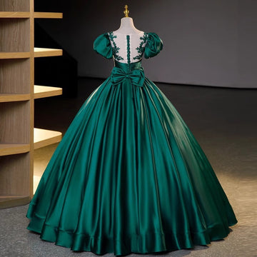 Emerald Green Applique Satin Ball Gown